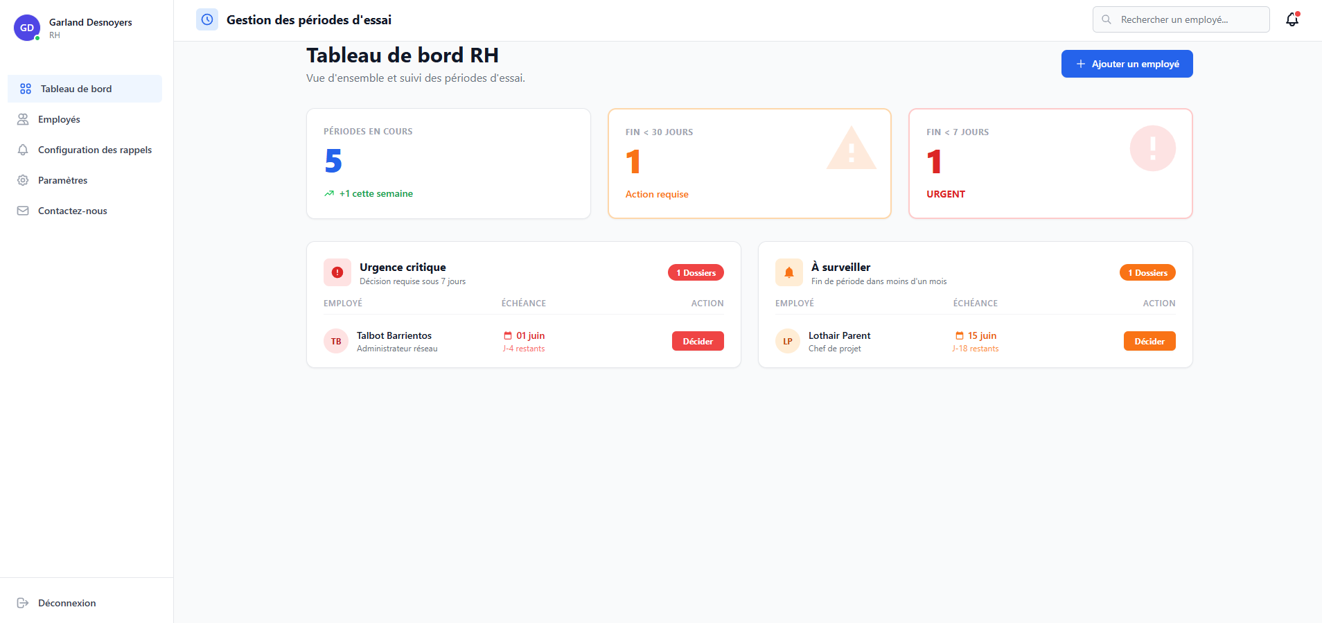 Dashboard ProbaRH — compteurs périodes d'essai en cours, à 30 jours et à 7 jours