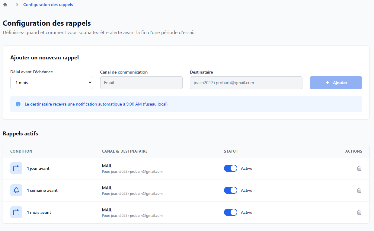 Configuration des délais de rappel dans ProbaRH
