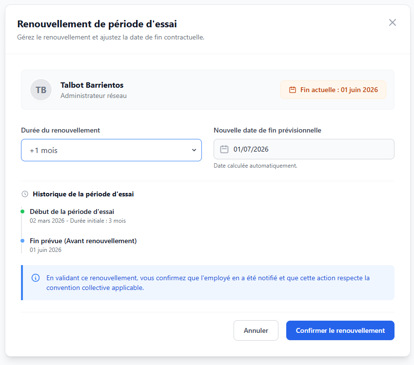Écran de renouvellement d'une période d'essai dans ProbaRH